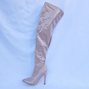 Nude Pink Pointed Toe Thigh High Boots Stiletto